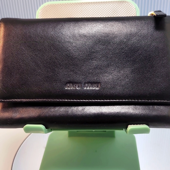 AUTHENTIC MIU MIU TRI-FOLD BLACK LEATHER LONG WALLET GOOD USED CONDITION - Picture 1 of 16